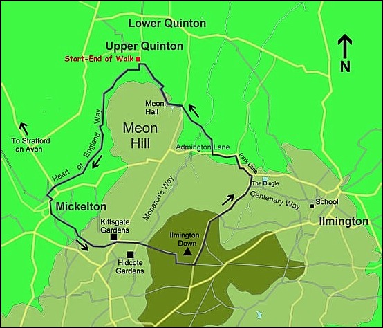 Map of route around Meon Hill by passing Ilmington